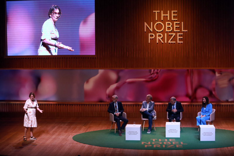 Helena Nader (ABC), Adam Smith (Nobel Outreach), David MacMillan (2021, Nobel de Química), Serge Haroche (2012, Nobel de Física) e May-Britt Moser (2014, Nobel de Medicina).